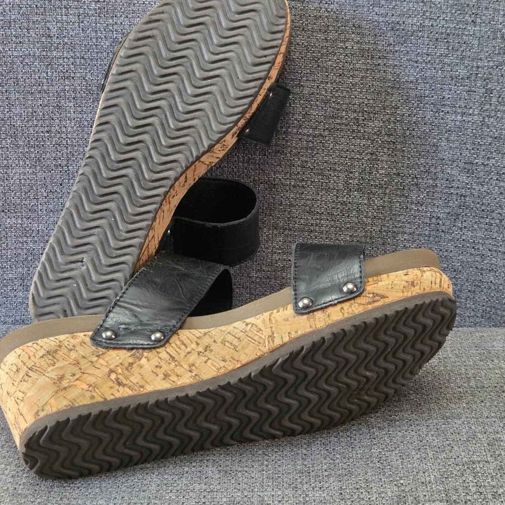 Corkys Black Cork Wedge Slide Sandals Women's Size 10 Double Strap Comfort